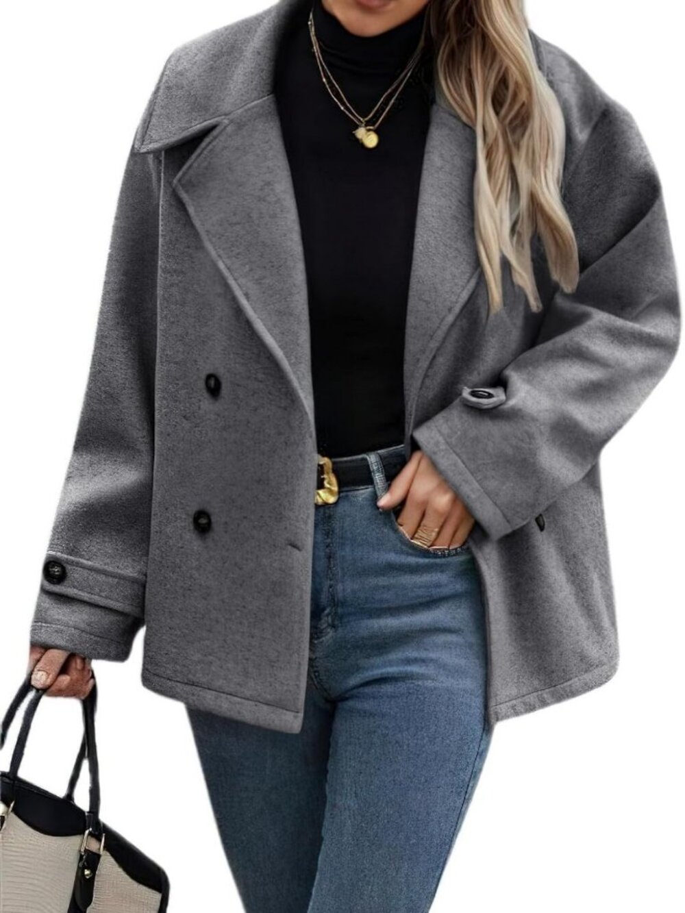 Cozy Women's Winter Cropped Wool Pea Coat, Button Down, Loose Fit, Warm